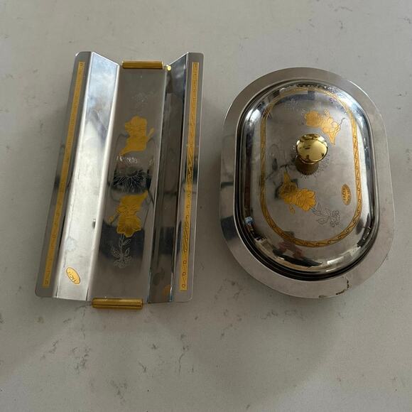 MCM Stainless Steel Lidded Butter Dish caviar cake tray set gold floral fasix - Picture 7 of 16